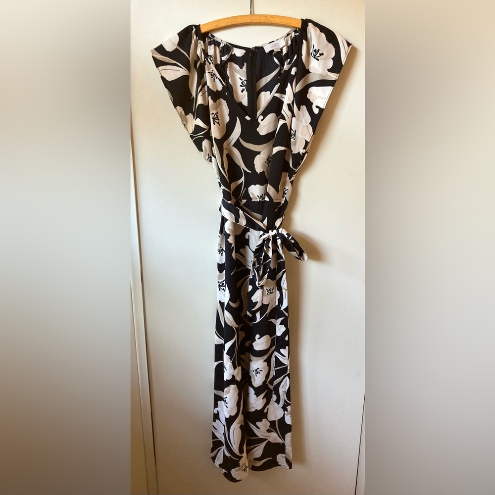 LOFT Black and Cream Floral Patterned Dress